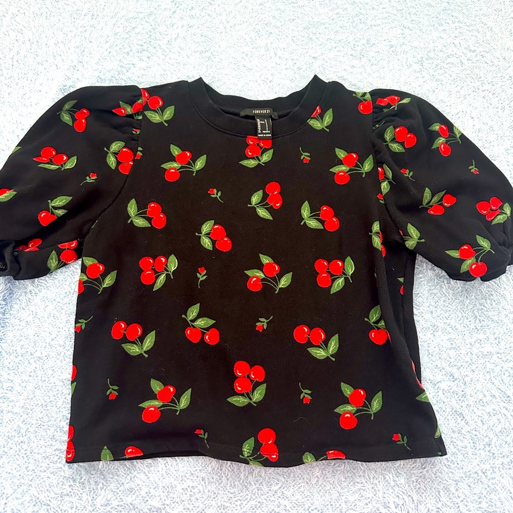 Cherry Black Puff Sleeve Shirt